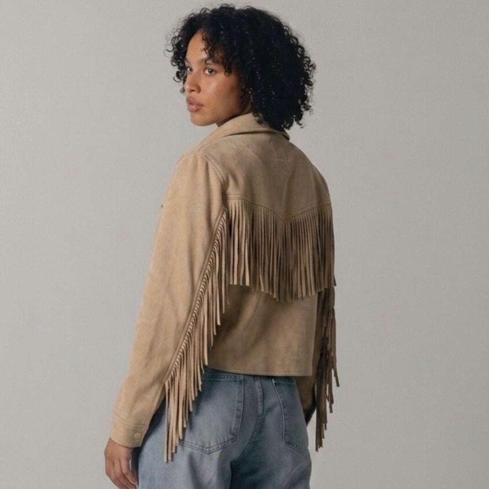 OAT New York Tan Faux Suede Fringe Western Cropped Jacket Size S Festival Boho - Picture 1 of 14